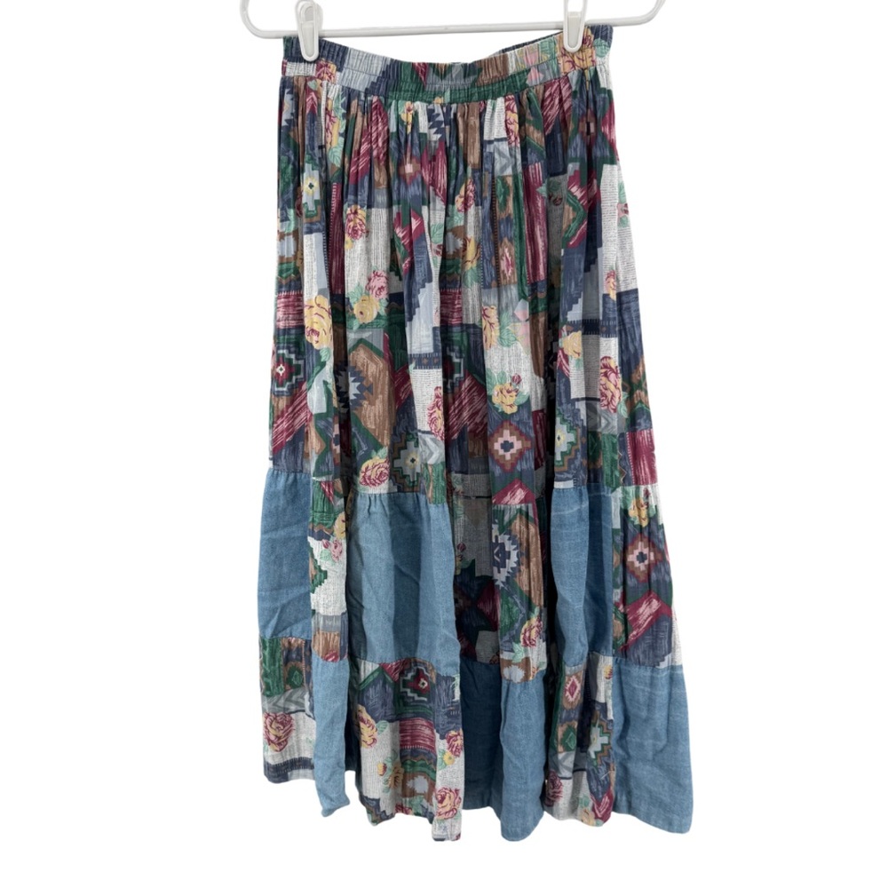 VTG River Ridge patchwork denim floral southwest maxi midi M cottage country